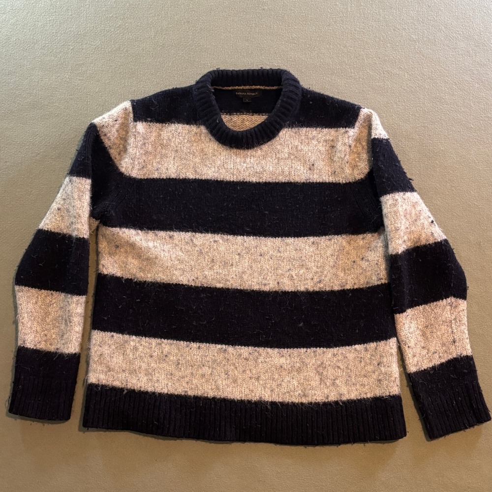 Banana Republic Wool Alpaca Blend Striped Sweater Mens L Navy Gray Nautical